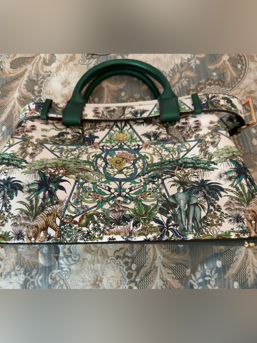 NEW Emerald Green Botanical Safari Tiger Elephant Structured Satchel Handbag - Picture 2 of 5